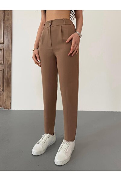 BİKELİFE Γυναικείο υφασμάτινο παντελόνι με ψηλόμεσο ελαστικό καρότο