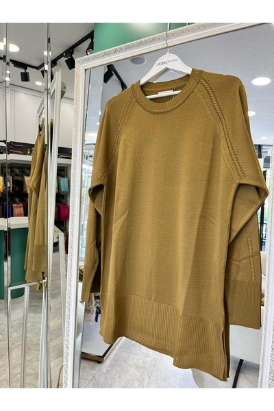MERAM BUTİK Adn Thin Knit Tunic with Hair Braiding - Oil Green - 1