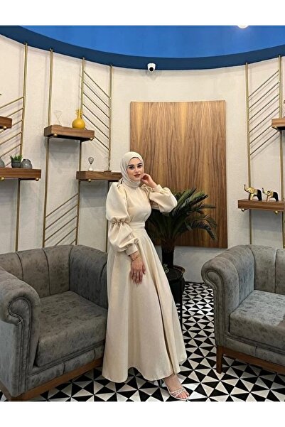 ALFUDO Moda Collection Mabella Kol Detaylı Saten Tesettür Mezuniyet Abiye Elbise Bej