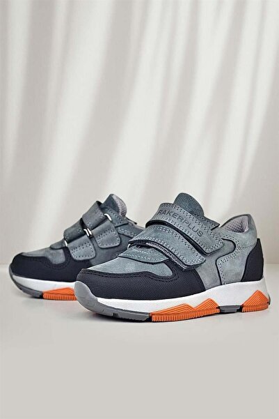 Rakerplus Genuine Leather Dark Gray Kids Velcro Sneakers Sports Shoes