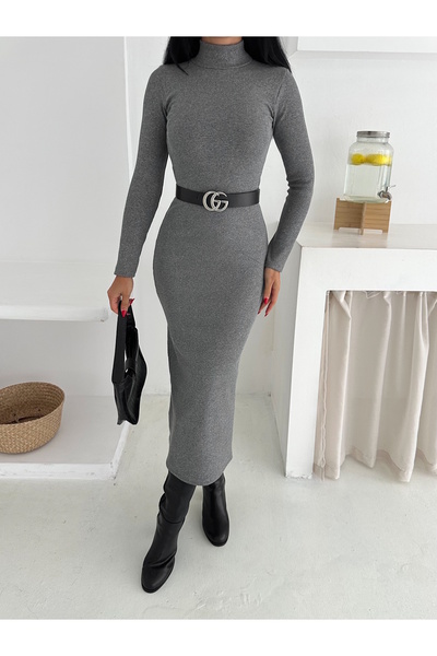 MaxiMor Rochie maxi din material gri argintiu, cu guler și lungime de 135 cm, potrivită pentru ținutele Tessetür