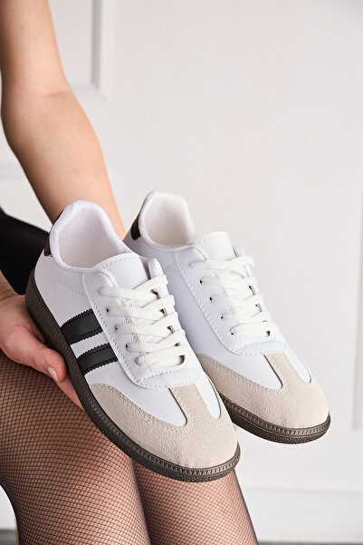 İmerShoes Women's White Black Lace-Up Lightweight Non-Slip Sole Soft Suede Detailed Casual Shoes 341