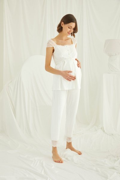 MONAMİSE Women'S, Ecru, 94% Viscose Cotton, 6% Elastane, Lace Detailed, Maternity/Pregnancy Pajama Set