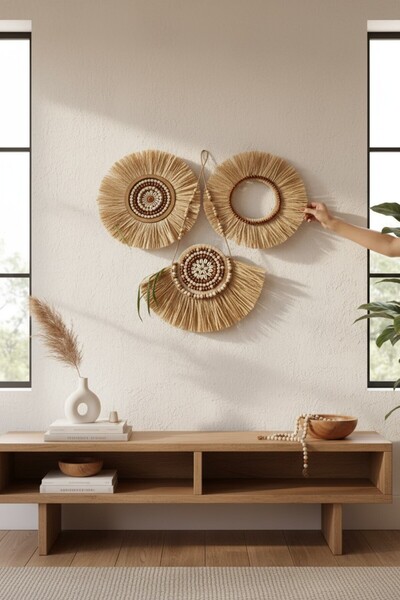 PearlHome Rafya Duvar Dekoru 3’lü Duvar Dekorasyonu
