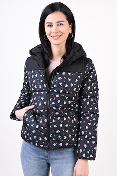 VILA Geaca Maja Highneck Black-Flower cu gluga, Negru
