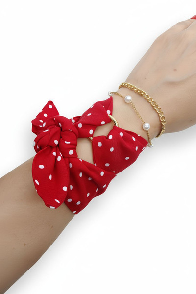 maia Kırmızı Beyaz Puantiye Desenli Kumaş Bileklik – Altın Renk Zincir ve İnc...