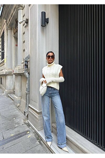 ParlaMira Blugi de damă cu talie înaltă, cu picioare scurte, cu detaliu pliat, cu croiala palazzo