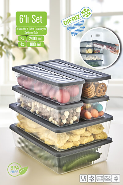 VİGENTİNO 6'Lı Set Buzdolabı Organizer Mikrodalga ve Difrize Uygun Saklama Ka...