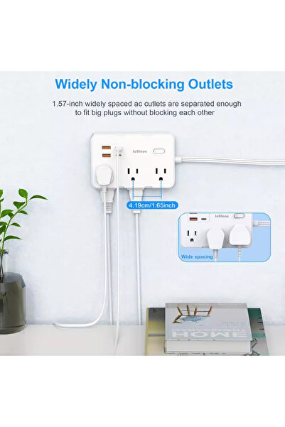 Choice واقي من زيادة التيار الكهربائي أبيض رفيع للغاية بمقبس أمريكي مسطح مقاس 6 بوصات مع 6 منافذ واسعة و4 منافذ USB وموسع 5 أقدام