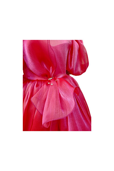 ChatonDor Kız Çocuk Abiye Balon Kol Pembe Organze Kumaş Elbise