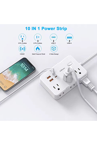Choice واقي من زيادة التيار الكهربائي أبيض رفيع للغاية بمقبس أمريكي مسطح مقاس 6 بوصات مع 6 منافذ واسعة و4 منافذ USB وموسع 5 أقدام