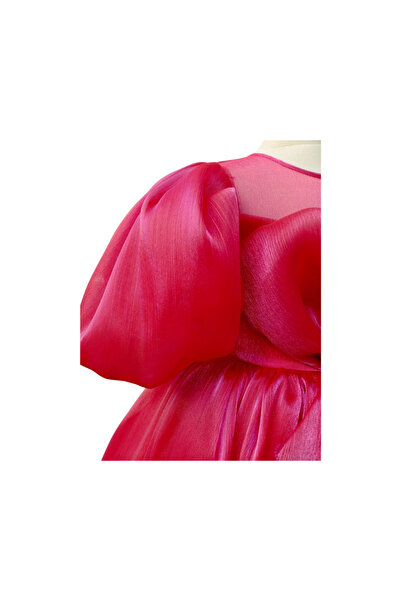 ChatonDor Kız Çocuk Abiye Balon Kol Pembe Organze Kumaş Elbise