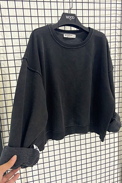 Mood Lab Taş Yıkama Eskitme Efektli Back to School Siyah Sweatshirt