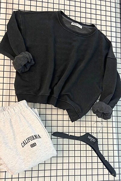 Mood Lab Taş Yıkama Eskitme Efektli Back to School Siyah Sweatshirt