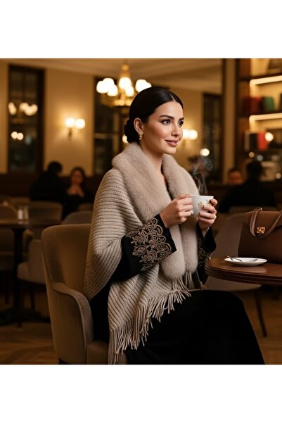 STS Women's Winter Knitted Faux Wool Shawl, Multicolored Pattern with Faux Fur Collar and Fringe Edges -