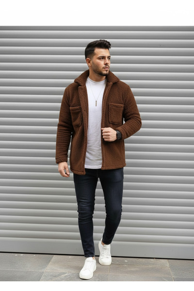 modasende Unisex Normal Kalıp Cep Detaylı Düğmeli Kalın Pelüş Ceket