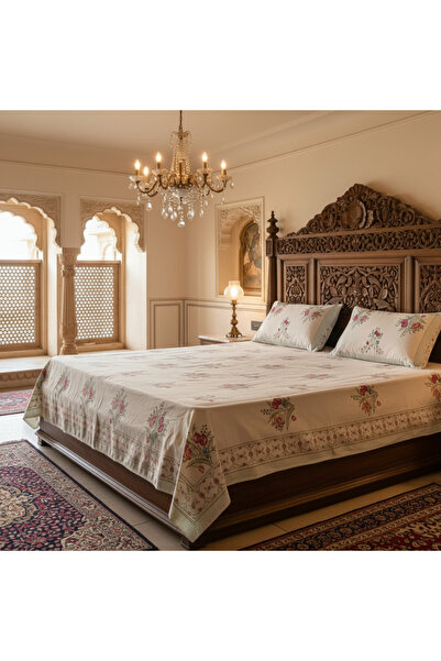 SARAS LABEL Heritage Block Print 100% Cotton Percale Bedsheet with 2 Pillowcases