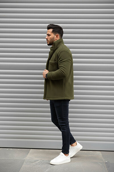 modasende Unisex Normal Kalıp Cep Detaylı Düğmeli Kalın Pelüş Ceket