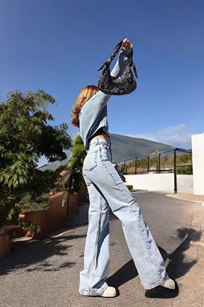 byhaziran butik Відкритий блакитний сніг Висока талія Еластичний Широкі штани