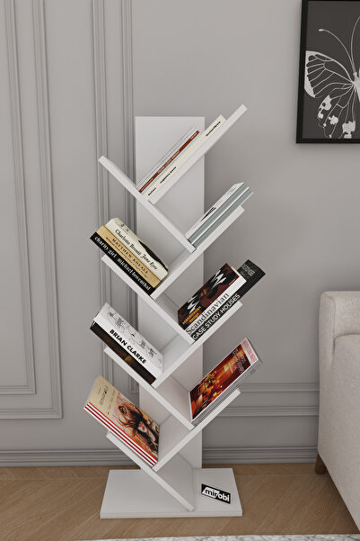 Mirobi Dria Ağaç Kitaplık Dekoratif Kitaplık Raf Düzenleyici Kitap Rafı Beyaz