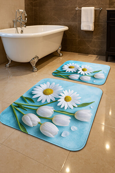 krm dünya ürünleri 2li Oval Yıkanabilir Kaydırmaz Taban Papatya Desenli Banyo...