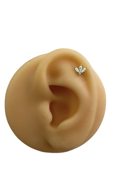 Siminkari 925 Ayar Gümüş Üzerine Mikron Altın Kaplama Üç Taşlı Lotus Gold Piercing Tragus Helix