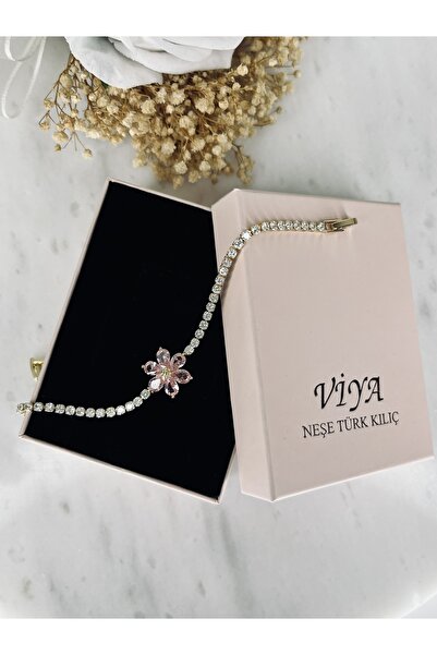 VİYA Gold Pembe Lotus Çiçekli Zirkon Taşlı Suyolu Bileklik