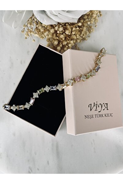 VİYA Gold Renkli Zirkon Taşlı ve Çiçek Motifli Bileklik