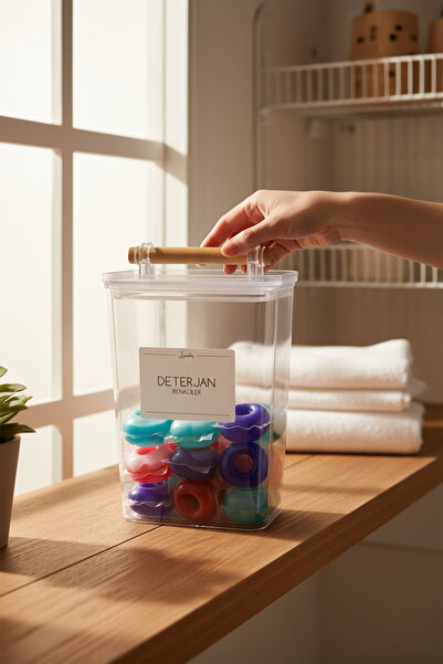 zezedesing Ahşap Kulplu Vakumlu Şeffaf Deterjan Renkliler Kavanozu 2000ML