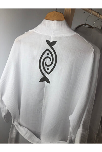 Kidilia Etnik Balık Görselli Beyaz Müslin Kimono