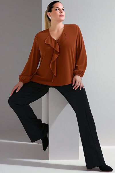 Hanezza Jessica Crepe Blouse - Plus Size, Ruffles, Tan, 50-52