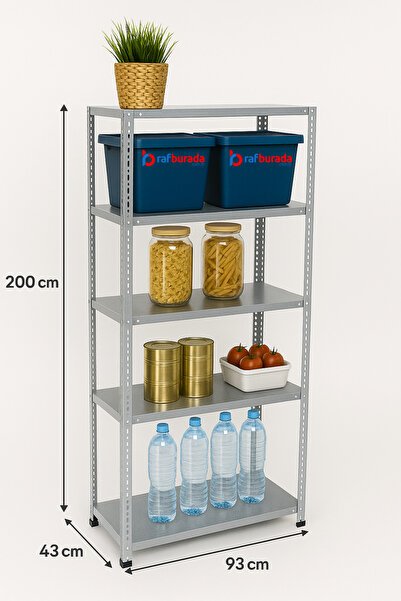 RafBurada 5 Katlı Galvaniz Çelik Raf - Depo, Arşiv, Kiler, Dosya, Market Rafı 43x93 Cm-200 Cm-0.70 Mm