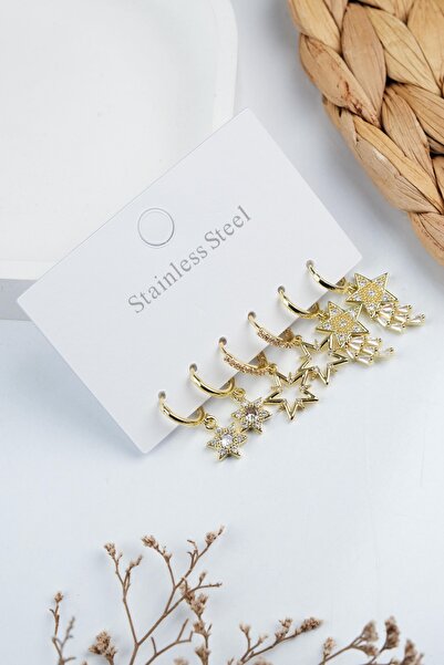 Jack Ferrero GOLD KADIN ÇELİK 6'LI KÜPE SETİ