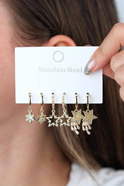 Jack Ferrero GOLD KADIN ÇELİK 6'LI KÜPE SETİ