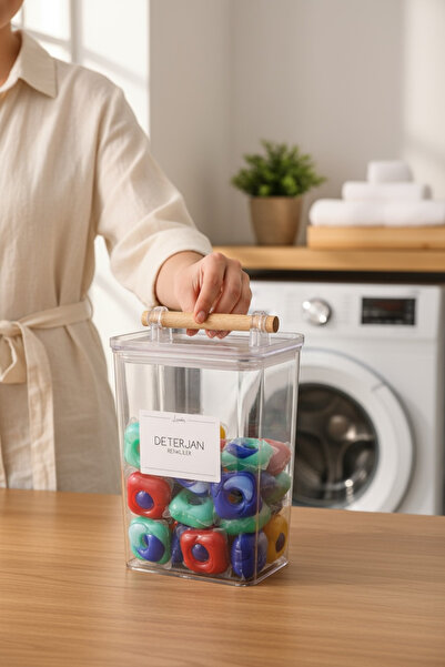 zezedesing Ahşap Kulplu Vakumlu Şeffaf Deterjan Renkliler Kavanozu 2000ML