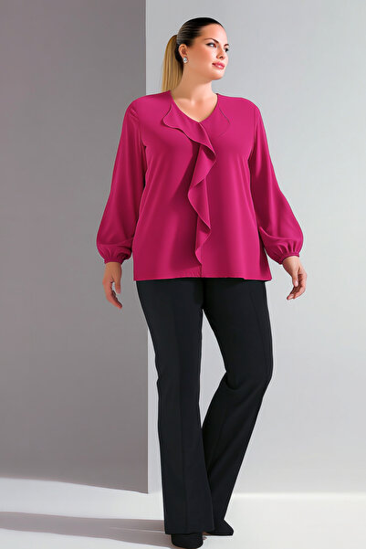 Hanezza Plus Size Ruffle Jessica Crepe Blouse Fuchsia, 50-52