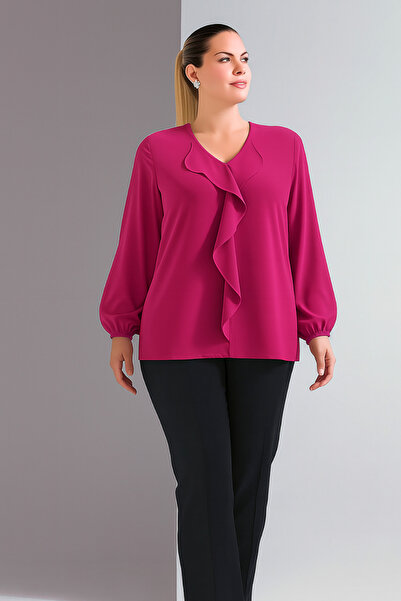 Hanezza Plus Size Ruffle Jessica Crepe Blouse Fuchsia, 50-52