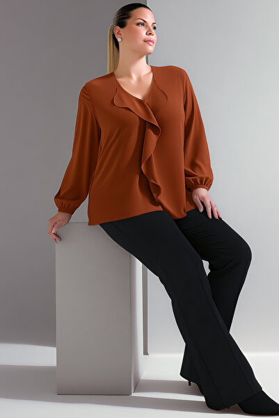 Hanezza Jessica Crepe Blouse - Plus Size, Ruffles, Tan, 50-52