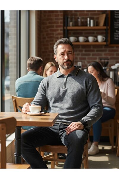 Kamalı Сірий чоловічий трикотажний светр з текстурованою передньою частиною, коміром-поло на блискавці, непихкаючий трикотаж, зимовий светр.