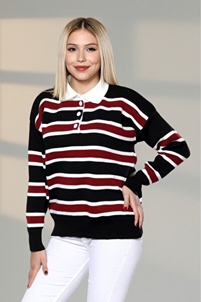 Gülce moda Pulover tricot oversize cu guler polo cu nasturi