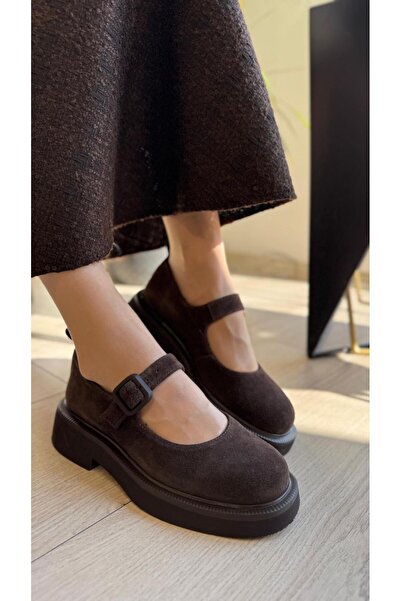 BABLACK Tek Bantlı %100 Hakiki Deri Nubuk Kadın Makosen Kahverengi