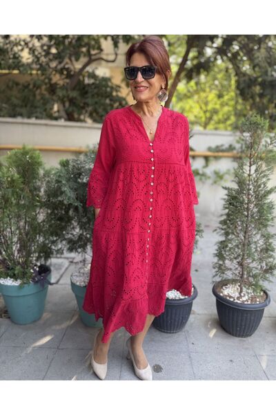 DenizEge All Button Embroidered Dress Red