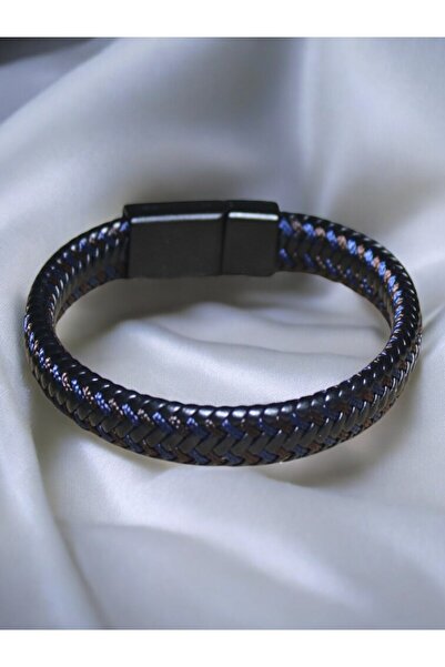 DEHNA Örgü Erkek Deri Bileklik Mıknatıslı Kapama Siyah Deri içinde Lacivert Ö...