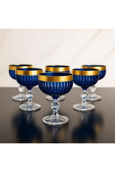 BOHEMİA CRYSTAL Cutlery Ice Cream Bowl / Set of 6 - Navy Blue Matte Gilt - 250 ml