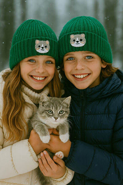 byebruketenci Зелена детска и младежка барета Cat Punch Детайлна вълнена шапк...