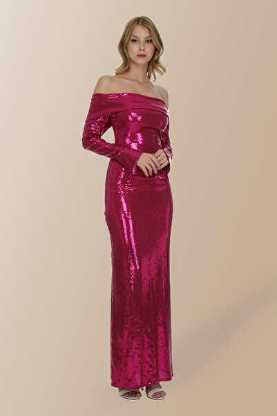 Elif Naz Moda Evi fuşya payet omzu açık yaka uzun kollu uzun elbise