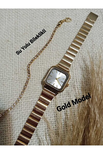 Ricardo ساعة يد نسائية ذهبية بتصميم مربع كلاسيكي (مع سوار)