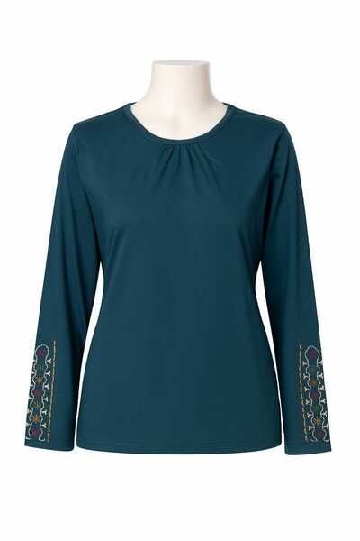 Nacar Moda Γυναικεία μπλούζα από λύκρα μεσαίας και μεγαλύτερης ηλικίας Four Seasons Green Mother Combed Cotton Blouse New Season με κεντημένο μανίκι