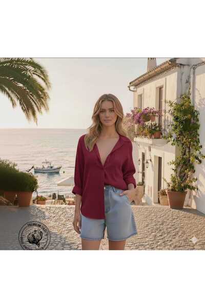 blackbonds Kadın bordo Keten Gömlek Yazlık Oversize Gömlek Yeni Sezon tek cepli