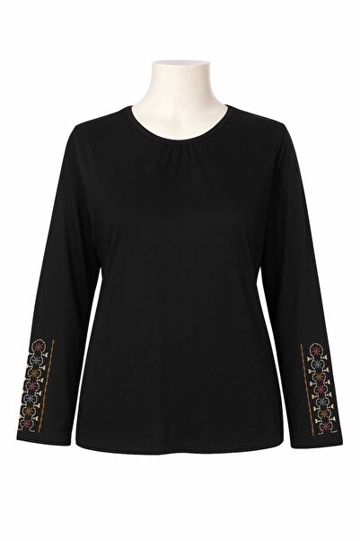 Nacar Moda Dámská lycrová halenka středního věku a starší, čtyřsezónní černá, bavlněná halenka pro maminky, nová sezóna, rukávy s výšivkou